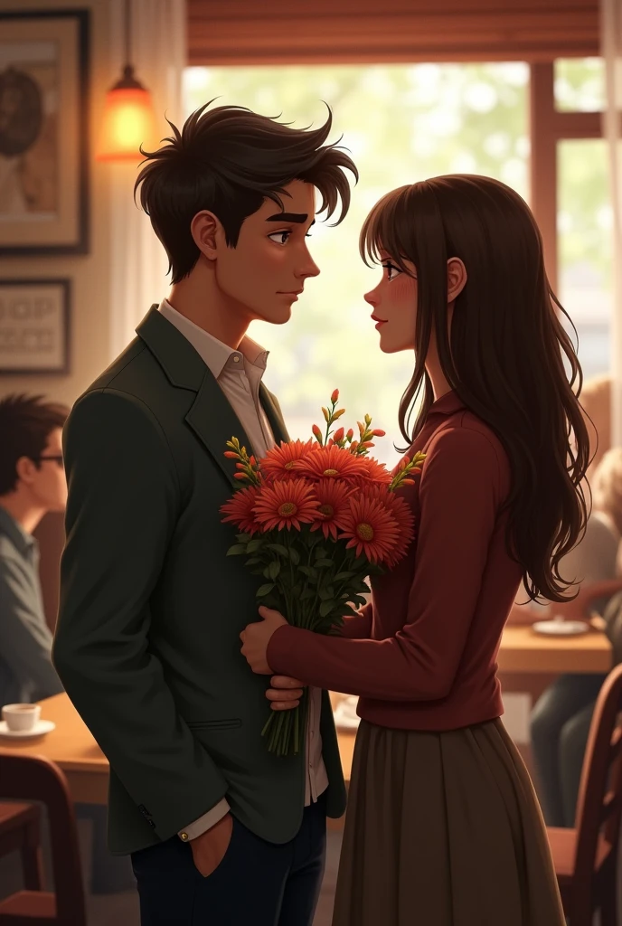 "Create an image of a man visibly disappointed, With a sad expression, while a woman in front of him has her arms crossed and a serious expression, indicating that she rejected him. They are in a cafe, and the man has a bouquet of flowers in his hand, which he holds hesitantly, showing that he was just rejected.