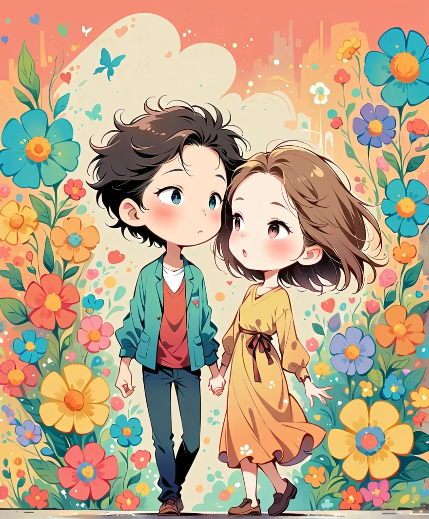 Watase Seizo style, Standing in front of a high wall,Simple Line Initialism,Abstract art,Urban Background, (((The most beautiful girl))), Lips in Love, walking, colorful flowers