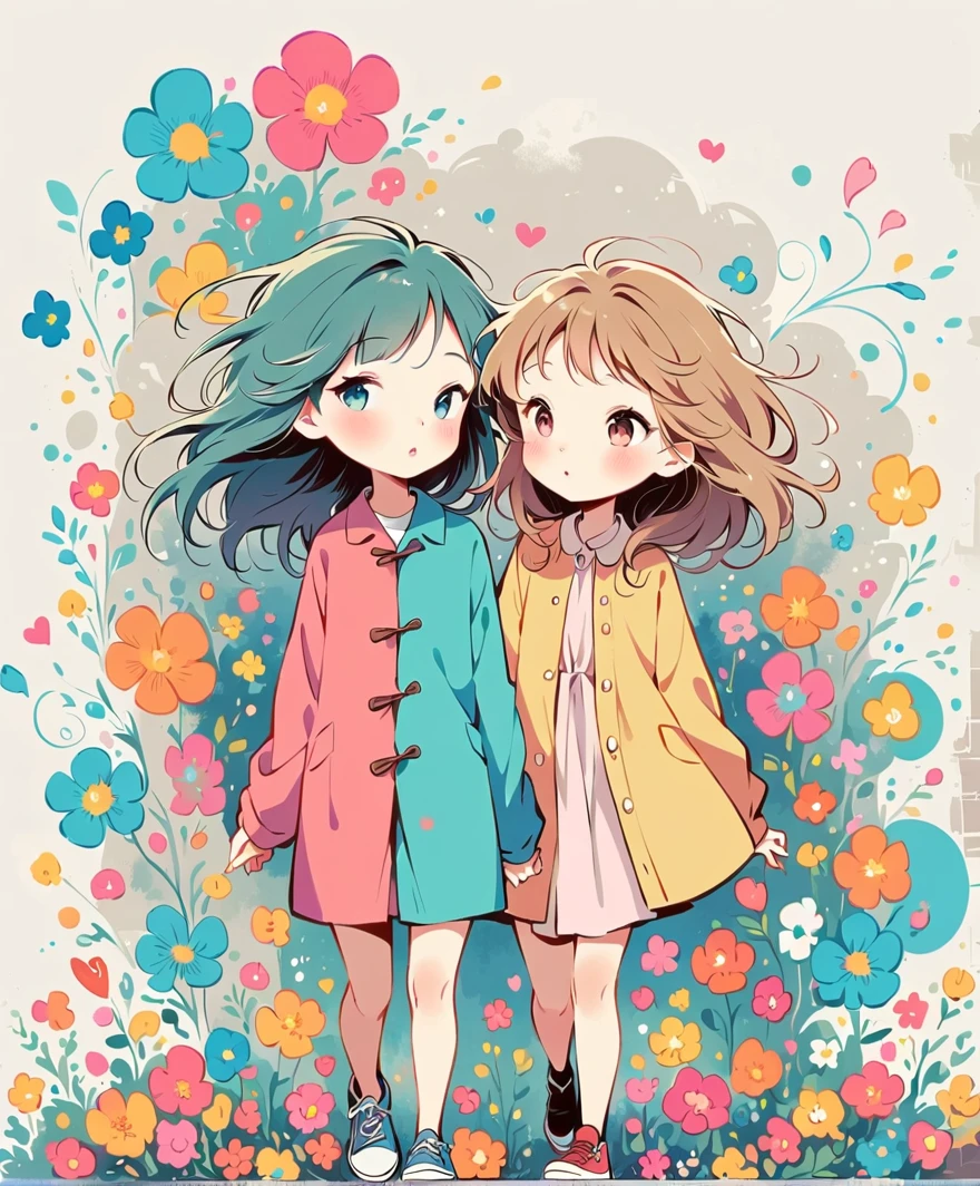 Watase Seizo style, Standing in front of a high wall,Simple Line Initialism,Abstract art,Urban Background, (((The most beautiful girl))), Lips in Love, walking, colorful flowers