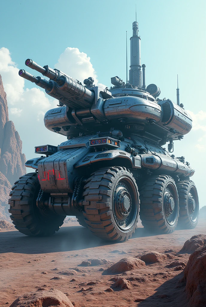 concept of a city on a gigantic armored tank of the future, concept imagined by a high-quality AI, very futuristic and detailed armor, armor formed by multiple guns on turrets and mechanical pincers, tank on tracks and wheels, high-tech covered, lasers, multicoloured neons, sublime electronic colors, sublime conception, hyperrealistic, very detailed, masterpiece, 8k, 16k, futuristic landscape