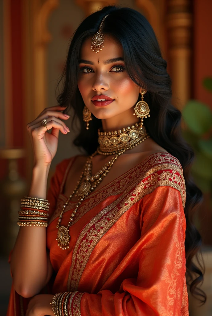 Hot and sexy) look, wearing (traditional saree), adorned with (intricate ornaments), emphasis on vibrant colors, glamorous presentation, expressive pose, playful yet confident atmosphere, luxurious fabric textures, warm lighting creating sultry depth, finely detailed craftsmanship of jewelry, elegant draping style, captivating background with (rich Indian decor), high quality, ultra-detailed, striking visual narrative.
