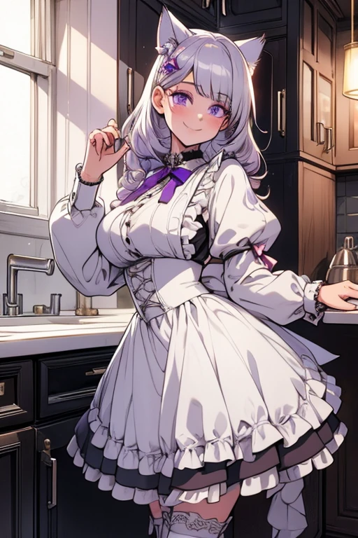 Perfect face. Perfect hands. A young silver haired woman with purple eyes and silver cat ears and a silver cat tail in a Lolita maids outfit is cooking in a fancy kitchen with a big smile