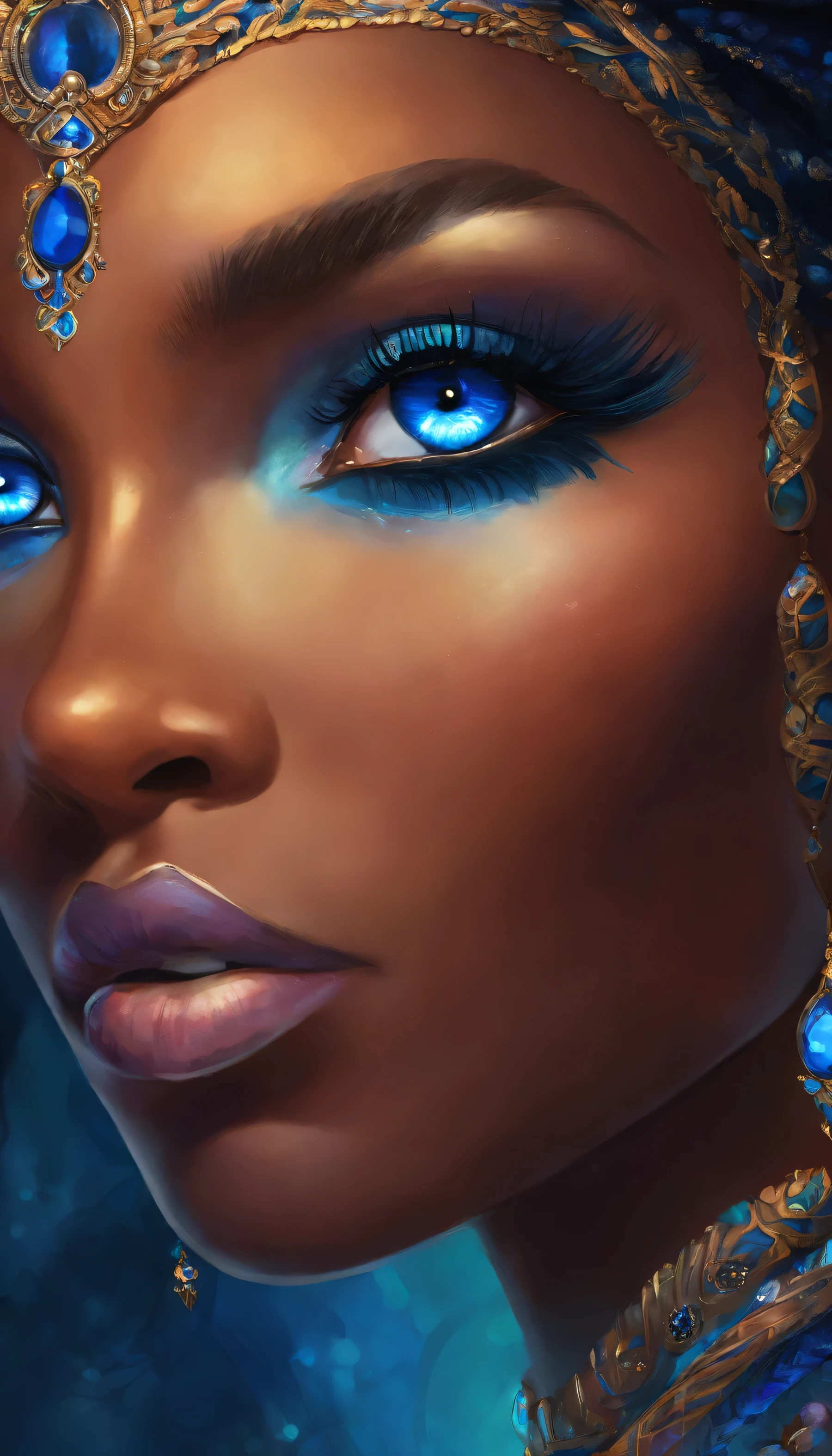 "A highly detailed close-up of a beautiful Black woman's eye. The focus is on her deep blue iris, which contrasts strikingly against her rich, dark skin. The surrounding details of her face, like her long blue eyelashes and a small portion of her smooth, blue hairline, are subtly visible. The lighting enhances the vividness of her blue eye, creating a captivating and mysterious aura. The blue pendant on her forehead is barely in frame, adding a touch of intrigue to the composition."