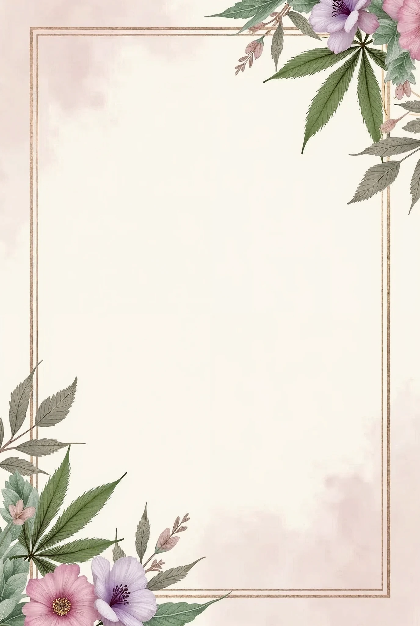 A delicate card, designed with soft feminine colors, like pastel pink, lavender and light green. The card features stylish cannabis-inspired elements, like subtle leaves, cannabis flowers and buds, arranged in a graceful pattern. In the center of the card there should be a blank space like a text box . The overall design should convey a welcoming feel, inviting and subtly elegant.