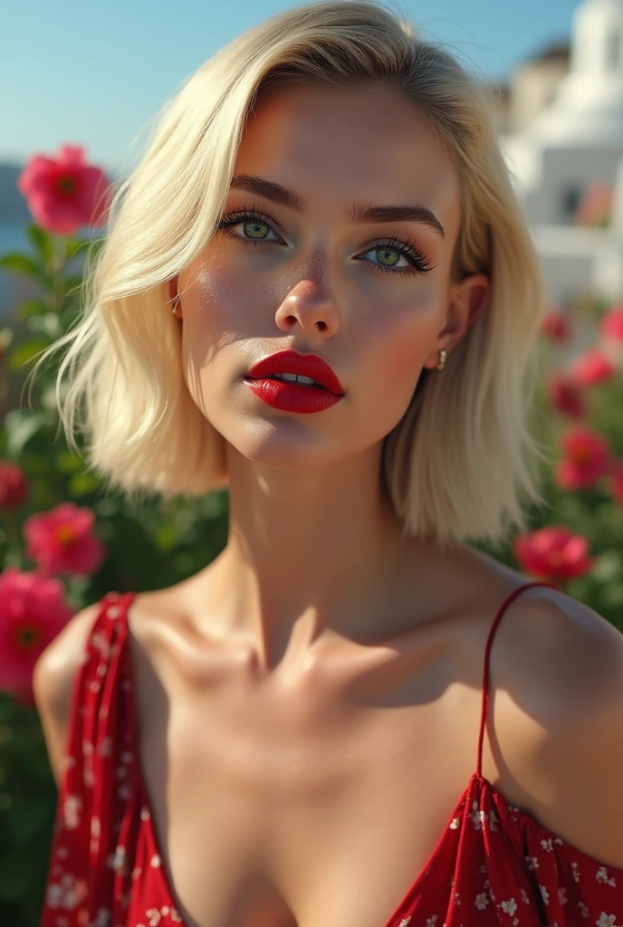  santorini, greece, Russian women big pumped lips red lipstick super big fake lips bob cut hairstyle blonde hair big green eyes forehead is slightly arched, giving my face a distinctive shape. It flows seamlessly into my high, defined eyebrows. The bridge of my nose is straight and symmetrical, leading up to a pointed tip. My nostrils are small and delicate, adding character without being overwhelming. My cheekbones are prominent, highlighting my large, round eyes even further. My jawline is strong and defined, giving my face a masculine edge despite its feminine features. My neck is long and graceful, flowing effortlessly into my shoulders. flower garden , big fake lips big size lip big pumped lips red lipstick cleavage sweat in forhead
