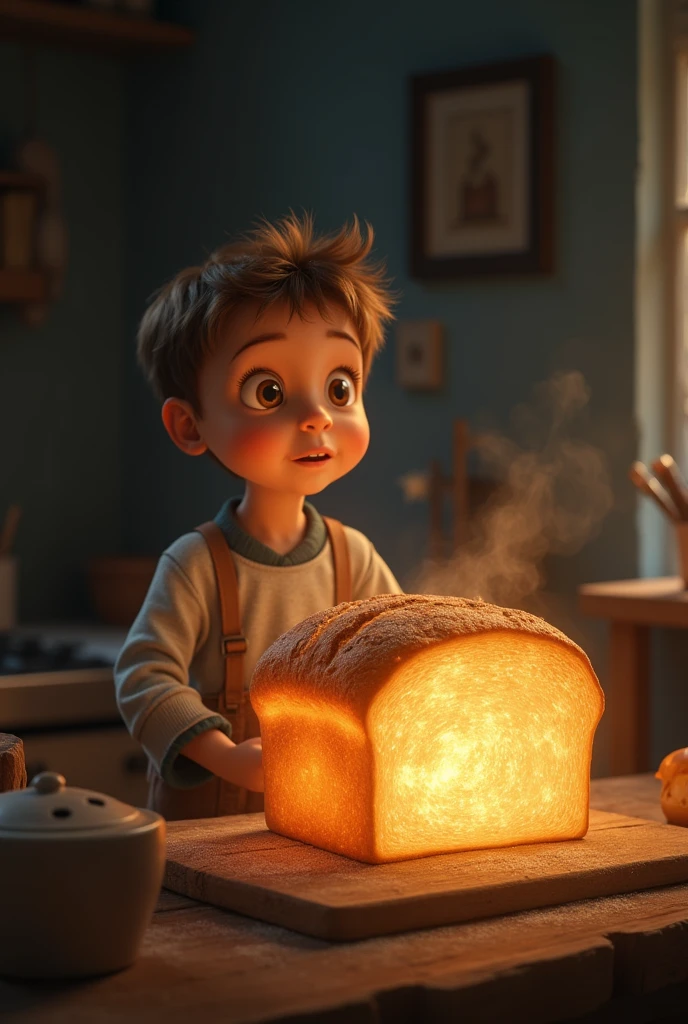A boy surprised because a freshly baked loaf of bread began to glow.