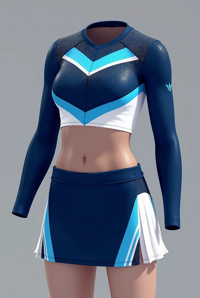 two-piece cheerleader uniform (short top and short skirt) colors: Navy blue, light blue and white
top: (short below bust) Navy blue con mangas largas desmontables con raya azul claro, the top is round neck, with a light blue top stripe. White at the bottom of the top to print the logo, y en la parte final inferior terminación con raya azul claro y Navy blue (raya vertical) . Glitter on top of the top. Glitter on the bottom of the sleeves
skirt: stuck in a V shape at the top in light blue, el resto de la falda es Navy blue. Glitter on top of the skirt
