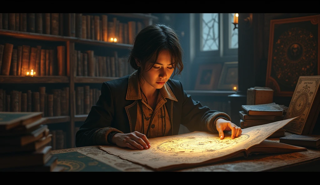 A person in a library surrounded by ancient, mystical books and star maps, intensely focused on a glowing celestial chart. The atmosphere is one of deep concentration and discovery. -ar 16:9