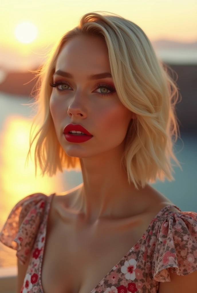 western, flower_dress, hot girl, santorini, greece, looking at sunset, makeup, (masterpiece), best quality, high resolution, extremely detailed, blurred background, depth of field, cinematic lighting. Russian women big pumped lips red lipstick super big fake lips bob cut hairstyle blonde hair big green eyes forehead is slightly arched, giving my face a distinctive shape. It flows seamlessly into my high, defined eyebrows. The bridge of my nose is straight and symmetrical, leading up to a pointed tip. My nostrils are small and delicate, adding character without being overwhelming. My cheekbones are prominent, highlighting my large, round eyes even further. My jawline is strong and defined, giving my face a masculine edge despite its feminine features. My neck is long and graceful, flowing effortlessly into my shoulders. flower garden , big fake lips big size lip big pumped lips red lipstick cleavage sweat in forhead