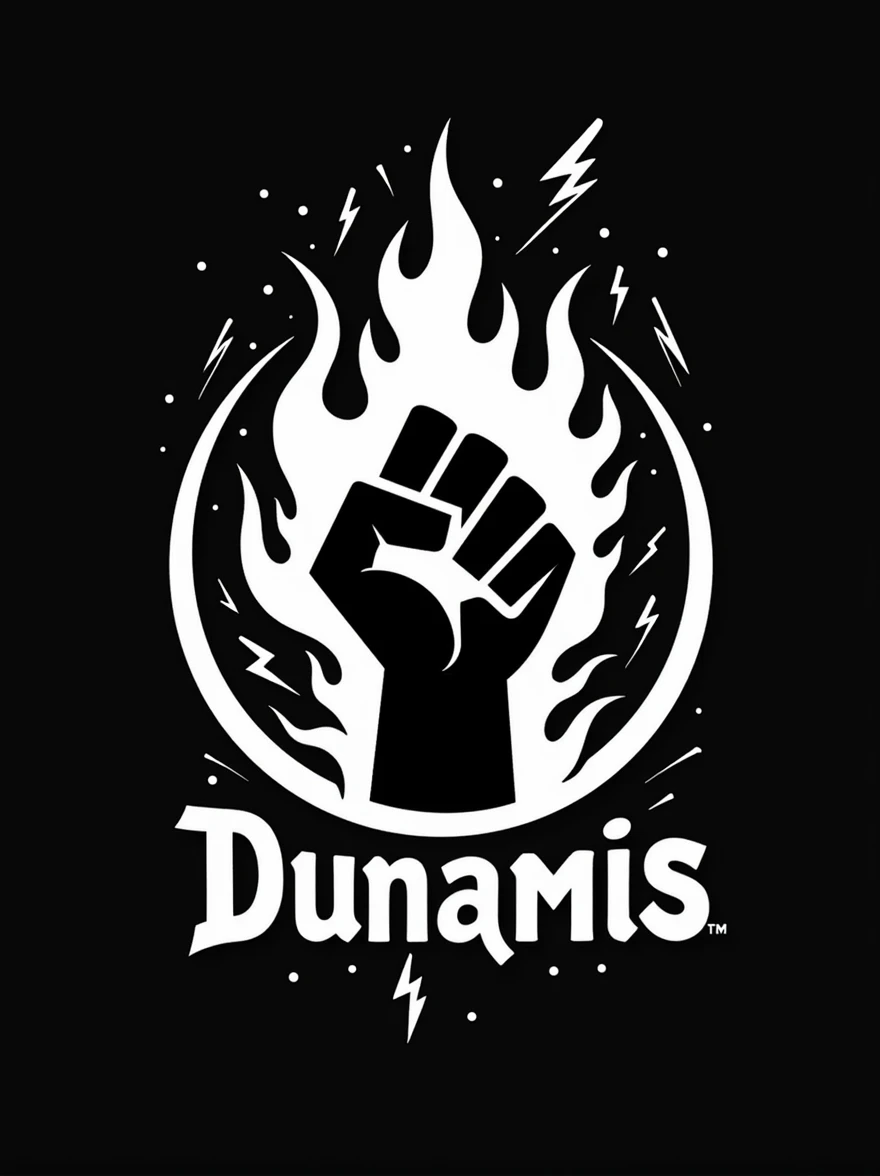 a logo with a hand on fire and lightning bolts around it, written dunamis, very imperative and bold, closed hand, black and white, inside a circle