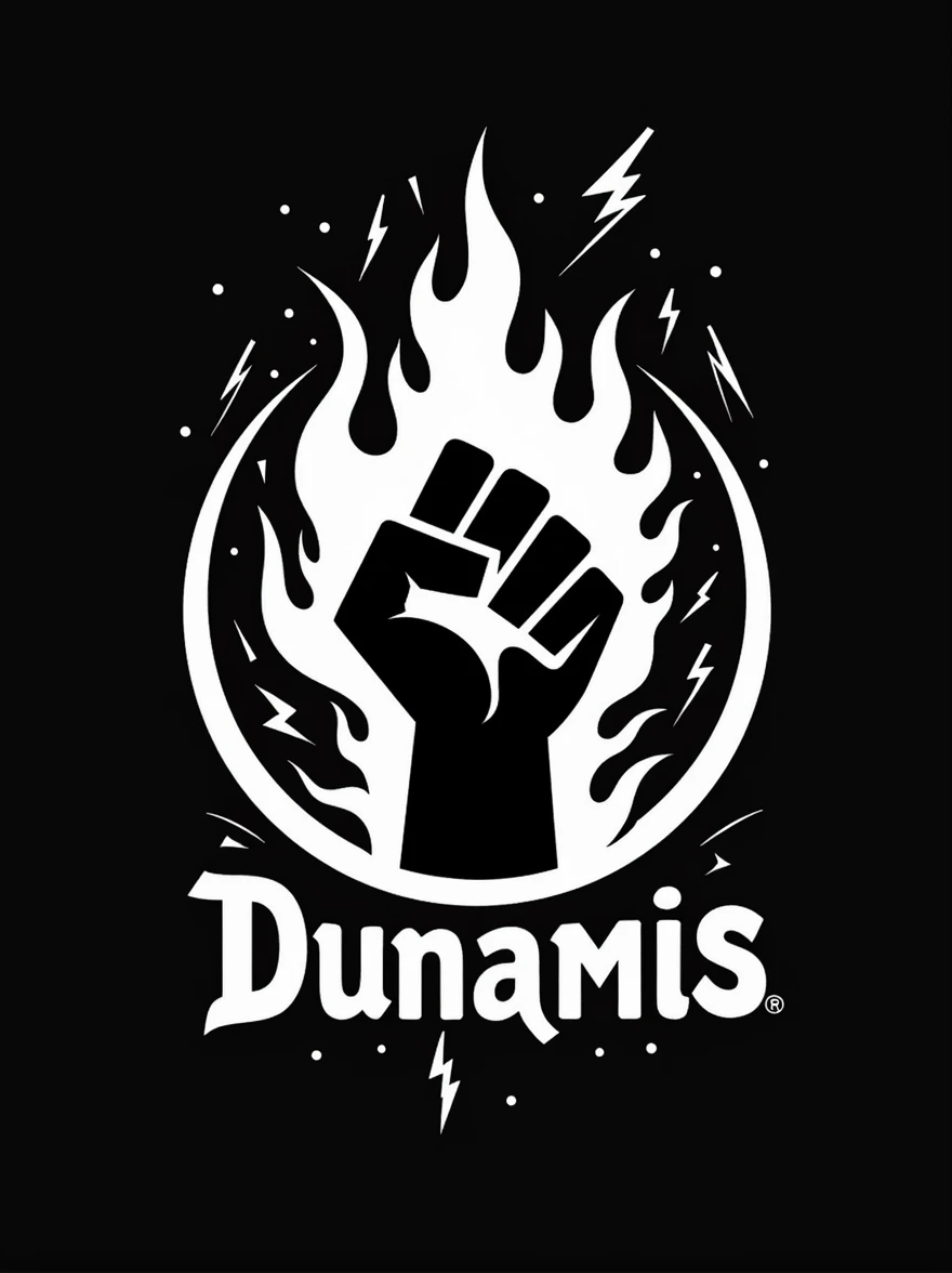 a logo with a hand on fire and lightning bolts around it, written dunamis, very imperative and bold, closed hand, black and white, inside a circle