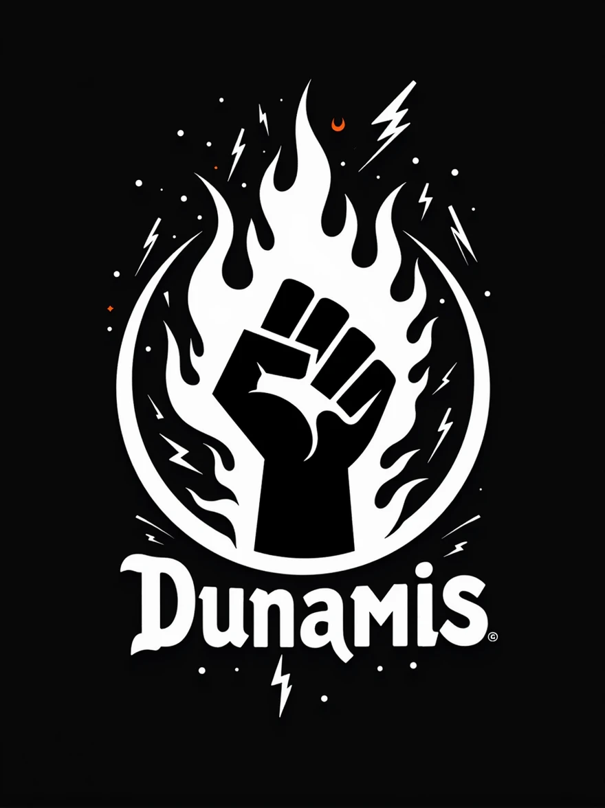 a logo with a hand on fire and lightning bolts around it, written dunamis, very imperative and bold, closed hand, black and white, inside a circle