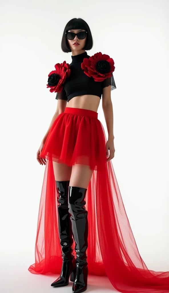 A bold and avant-garde fashion look features a stylish woman standing confidently against a plain white background. She is wearing a striking red tulle skirt that is short in the front with a dramatic, cascading train at the back. Her top is a unique black crop top adorned with oversized floral embellishments that add a sculptural element to her outfit. Completing the look are glossy, over-the-knee black patent leather boots, which add a touch of edginess and contrast to the feminine skirt. She accessorizes with large, dark sunglasses and a sleek, straight bob haircut, giving her a modern and sophisticated edge. The overall aesthetic is chic, high fashion, and daring, perfect for a runway or editorial shoot. ((UHD:1.5)), ((4K:1.5)), ((masterpiece:1.6)), ((high fashion:1.4)), ((avant-garde:1.4)), ((bold colors:1.3)), by Ellen von Unwerth, Mert and Marcus, Steven Klein.