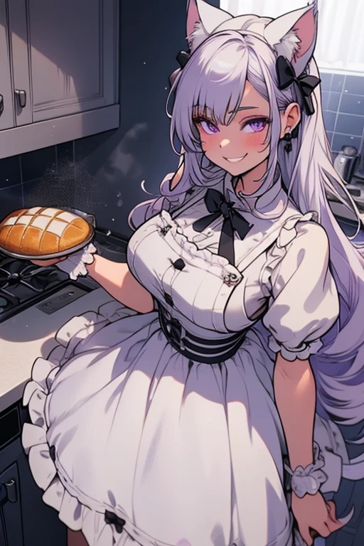 Perfect face. Perfect hands. A young silver haired woman with purple eyes and silver cat ears and a silver cat tail in a ta maids outfit is baking bread in a fancy kitchen with a big smile