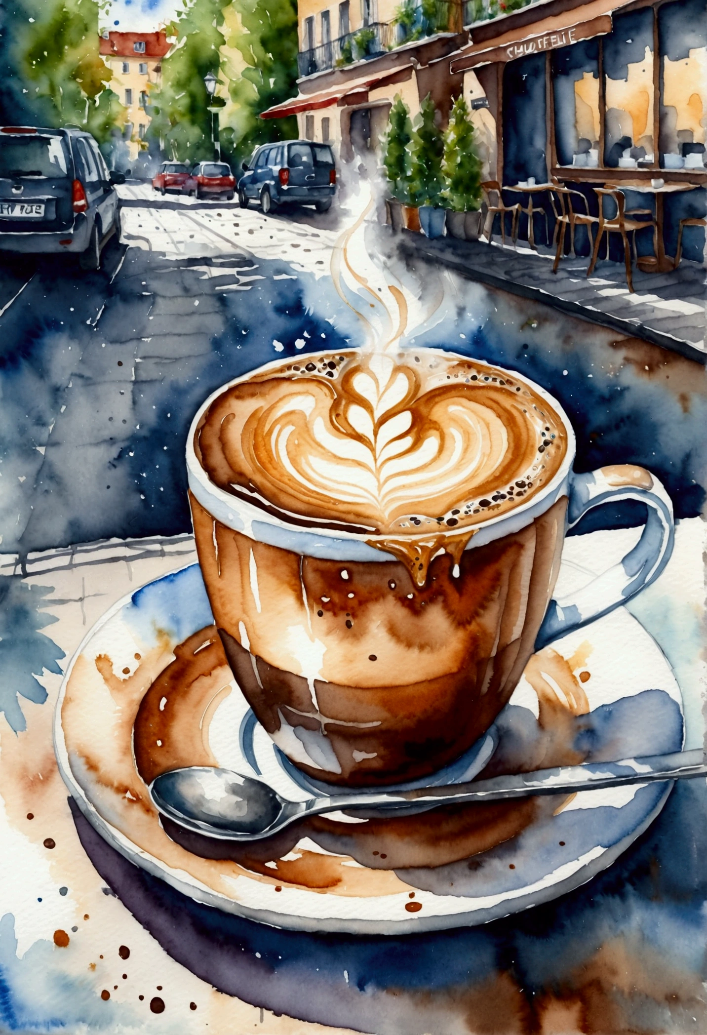 Painting of a cup of coffee. Trend Aquarell, detailed, realistic rendering,  Streetstyle,  Astrology 