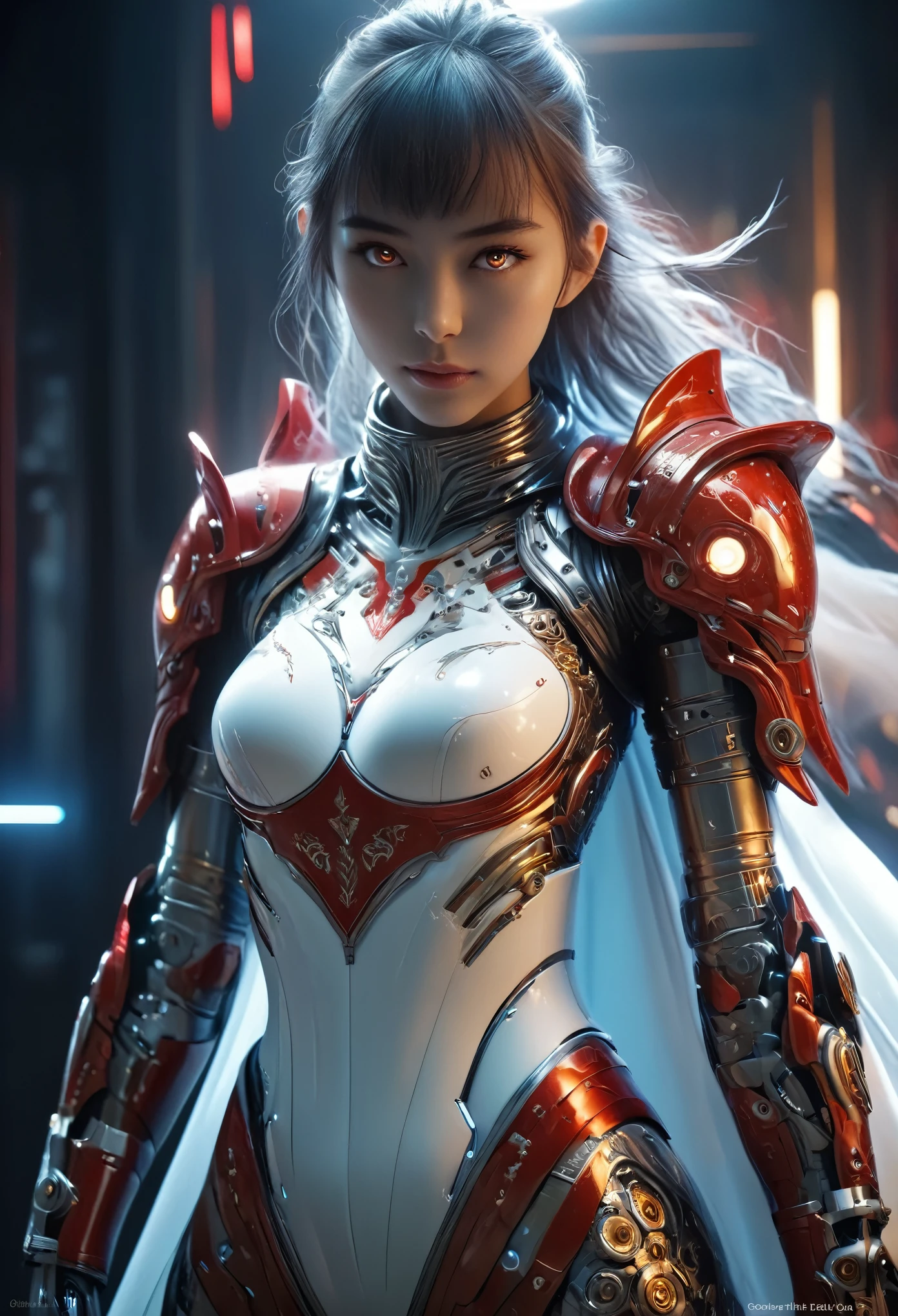 highest quality、8k Masterpiece、ultraA high resolution、(Photorealistic:1.3)、RAW Photos、1 girl、Silvery white hair、Glowing Skin、1. Super-beautiful Cyberpunk Soldiers、((Ultra-Realistic Details))、Portrait、Global Illumination、Shadow、Octane Rendering、8k、Super sharp、Metal、Cold colors、Very intricate details、Realistic Light、CGSoation Trend、Beautiful and shining eyes、Beautiful breasts、To the camera、Neon Details、Landscapes of unimaginable beauty、100Light of red lanterns、Swirl、Ninja in the center、female、sexy