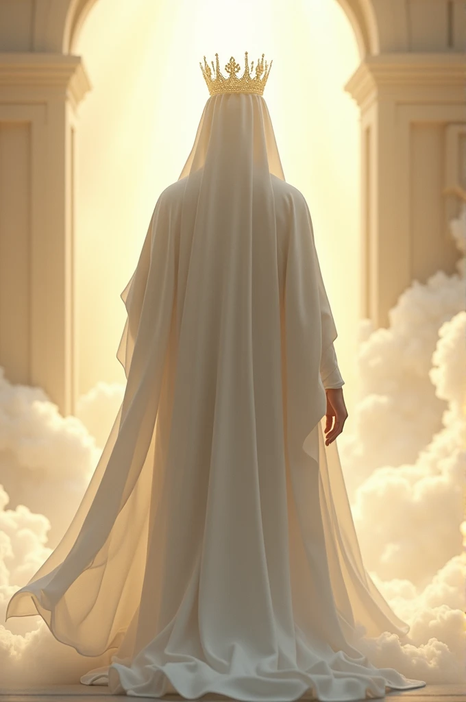 Image of a person arriving in heaven with their back to the viewer, dressed in white, with a crown on his head