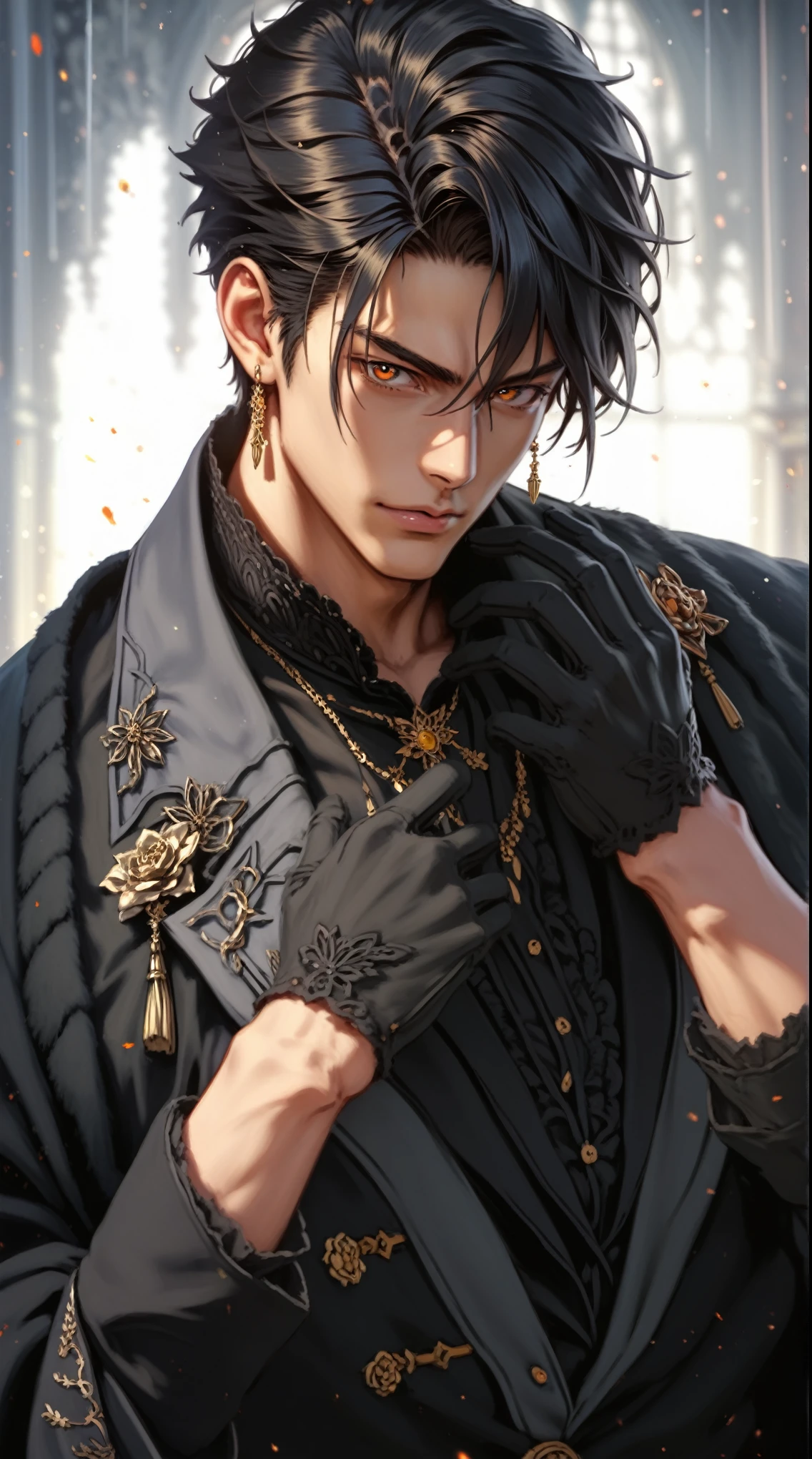 absurdities, High resolution, ultra detailed, HdR, masterpiece, realism, realist, 30 year old adult man, rasgos muy masculines, serious, Extremely detailed face and eyes, short straight hair, black hair, bushy eyebrows, fringe, arrogant look, expressive orange eyes, rasgos masculines, detailed eyes, cat pupil, LOOKING AT THE SPECTATOR, 1 man, Victorian style clothing, Mongolian style, masculine, red clothes with a black fur coat, Fire Background, gold earrings, Wizard's Medallion, tidy hair, Complete plan, beefy chest, realism magico, masculine, men's clothing, vibrant colors, Fotorrealist, 8k, Best Quality, High resolution, cinematic lighting, intricate details, Fire Background, Sherlock Holmes and Mongolian style.