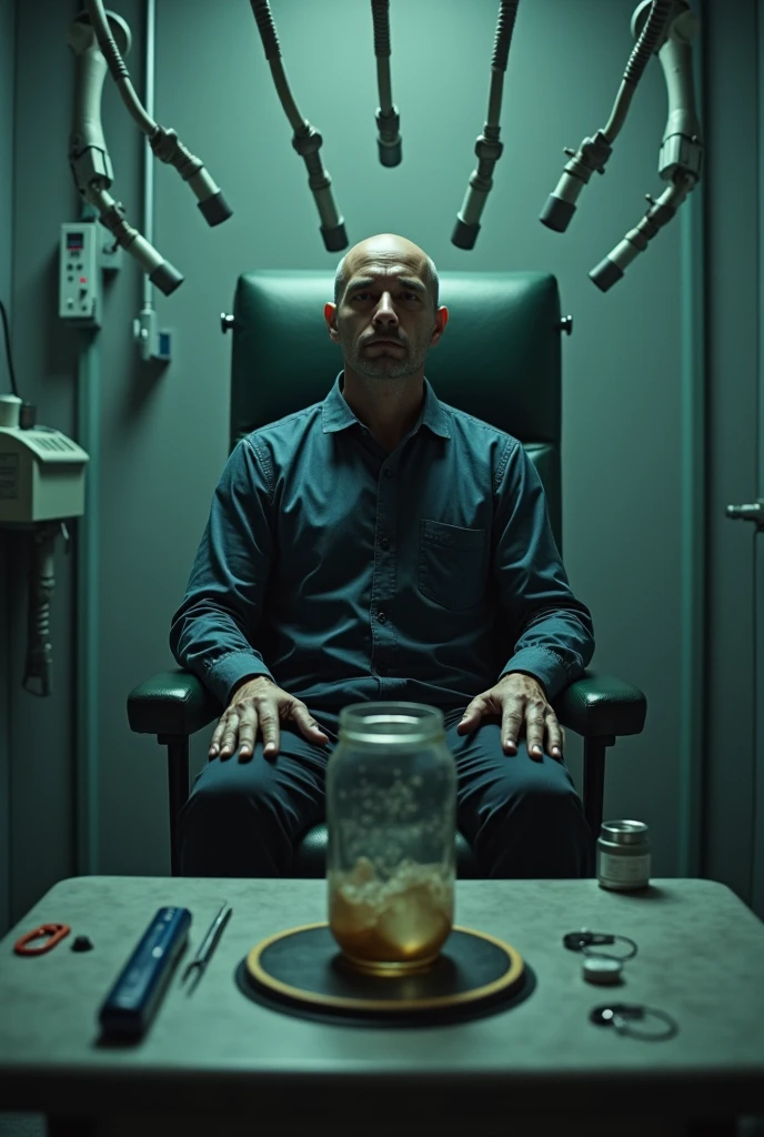 An image of a guy trapped in a chair and there are several tubes pointing at him.,There is a jar that is pushing down on a plate that prevents the tubes from activating, only his hands are free,he is bald and in front of him is a table with surgical materials and a recorder,he is in a hospital room 
