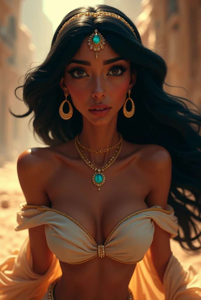 Stunning Princess Jasmine, photo in 8k, in action, cinematic.