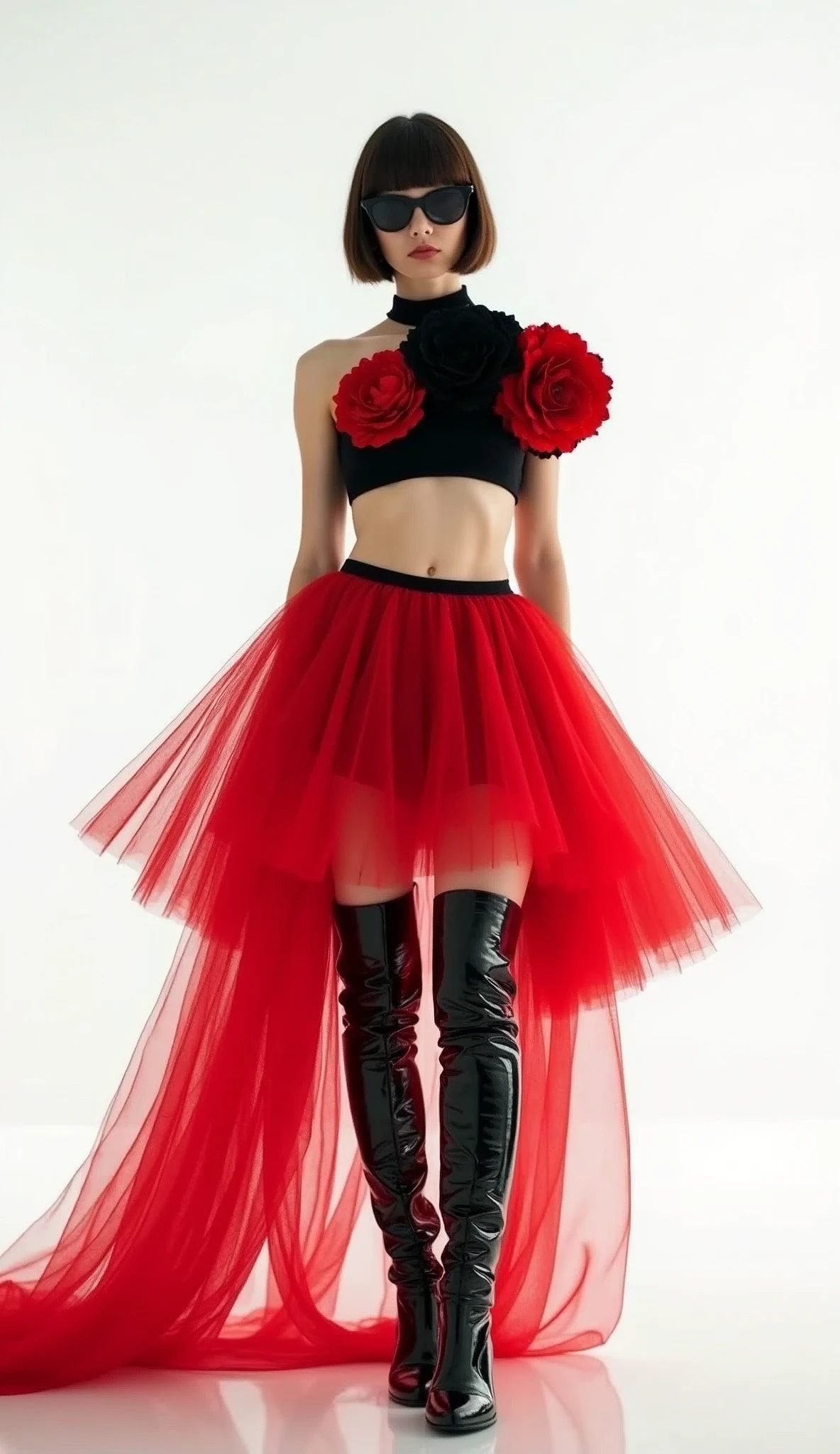 A bold and avant-garde fashion look features a stylish woman standing confidently against a plain white background. She is wearing a striking red tulle skirt that is short in the front with a dramatic, cascading train at the back. Her top is a unique black crop top adorned with oversized floral embellishments that add a sculptural element to her outfit. Completing the look are glossy, over-the-knee black patent leather boots, which add a touch of edginess and contrast to the feminine skirt. She accessorizes with large, dark sunglasses and a sleek, straight bob haircut, giving her a modern and sophisticated edge. The overall aesthetic is chic, high fashion, and daring, perfect for a runway or editorial shoot. ((UHD:1.5)), ((4K:1.5)), ((masterpiece:1.6)), ((high fashion:1.4)), ((avant-garde:1.4)), ((bold colors:1.3)), by Ellen von Unwerth, Mert and Marcus, Steven Klein.