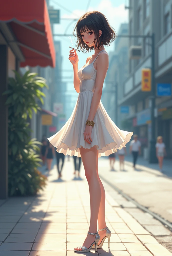 anime girl smoking cigarrete on the street, white dress, white heels, pretty face, full height,