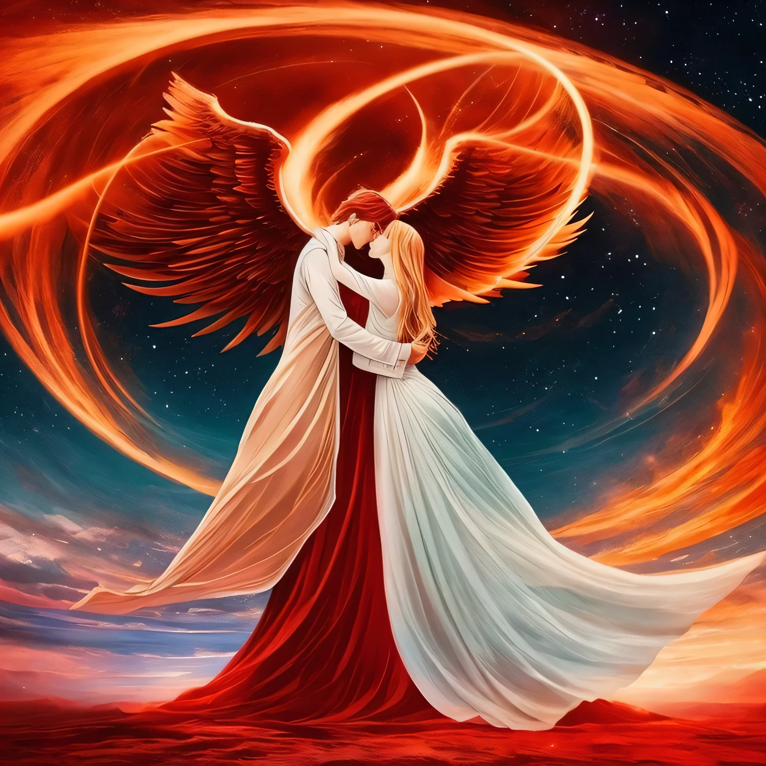{
  "prompt": "Create an ethereal and surreal illustration that captures the essence of love turning the sky red. The scene should feature a vast sky with swirling clouds in shades of deep red and crimson, symbolizing the intense passion of love. Two figures stand on the ground, their hands reaching towards each other, with a glowing connection between them. One figure has golden hair and ocean-blue eyes, while the other has dark hair and night-black eyes. Above them, a faint image of an angel is seen, singing and praying, with soft light emanating from it. The sky is a mix of realistic and abstract elements, with the red hues blending into a mystical, almost otherworldly atmosphere. The illustration should convey both the serenity and the power of love, with the figures appearing both grounded and spiritually elevated."
}
