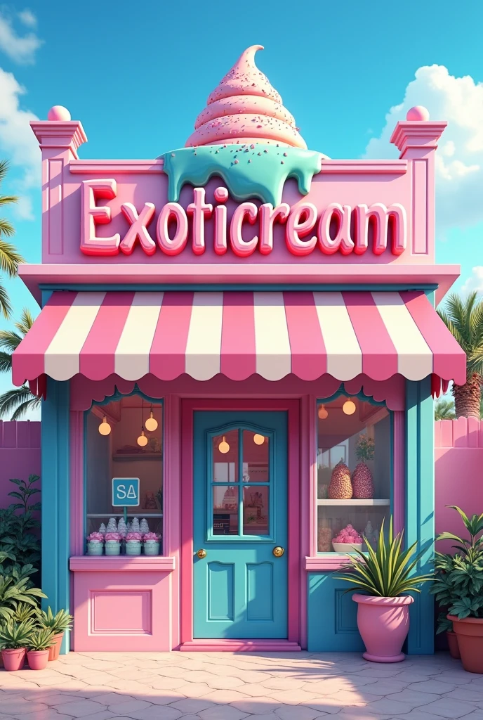 front of an ice cream shop with the name "exoticream", a creative and cozy place with pastel colors, specifically blue and pink with a melted ice cream on top of the name