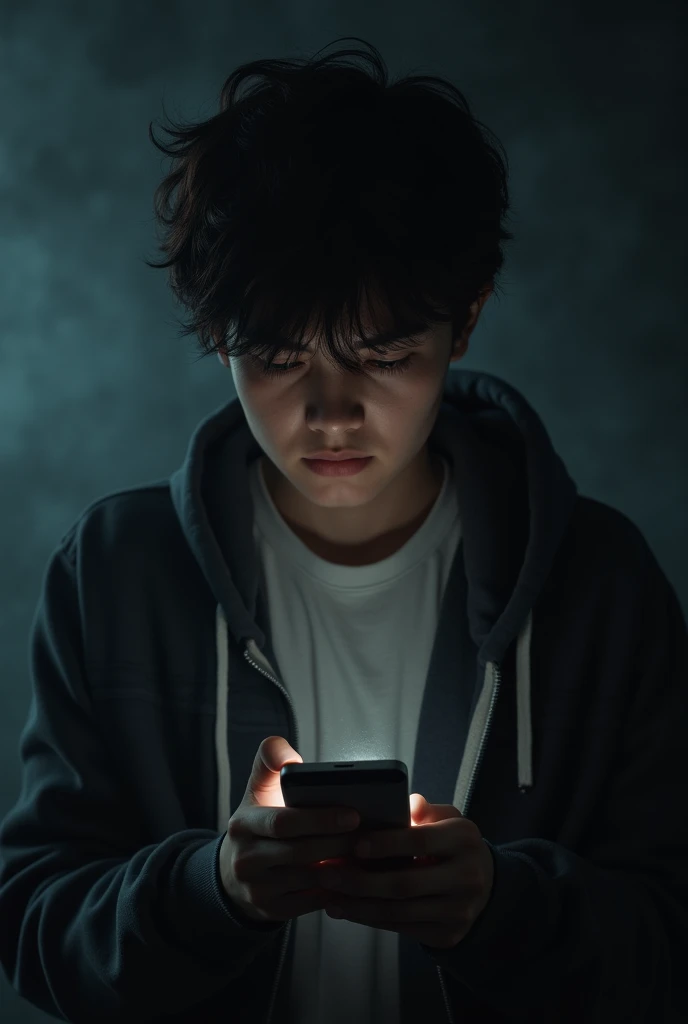 Young mature teenager in situation of rejection by cell phone dark background