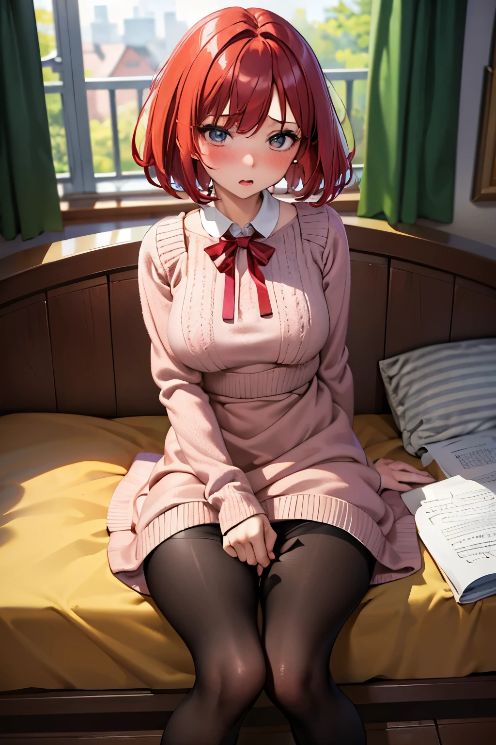 (Highest quality:1.1), (masterpiece:1.4), (Absurd:1.0), 
One Girl, Wizard、Red Hair、Short Hair、Medium chest、Looking at the audience、Bedroom、(blush:1.2)、Embarrassed expression、((pantyhose))、((Knitted dress))、((sit))、