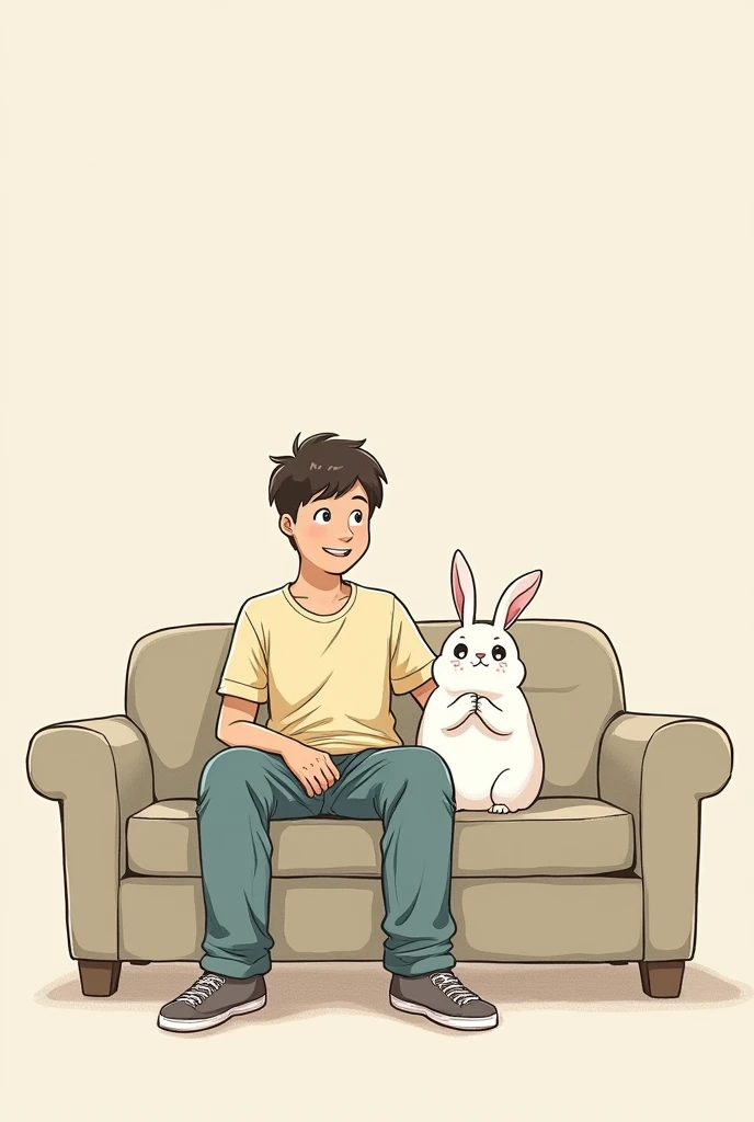 an easy to replicate drawing of a young man who is in the apartment sitting on the couch with a small white rabbit with a surprised face, The bunnies should be cute but disturbing in their context