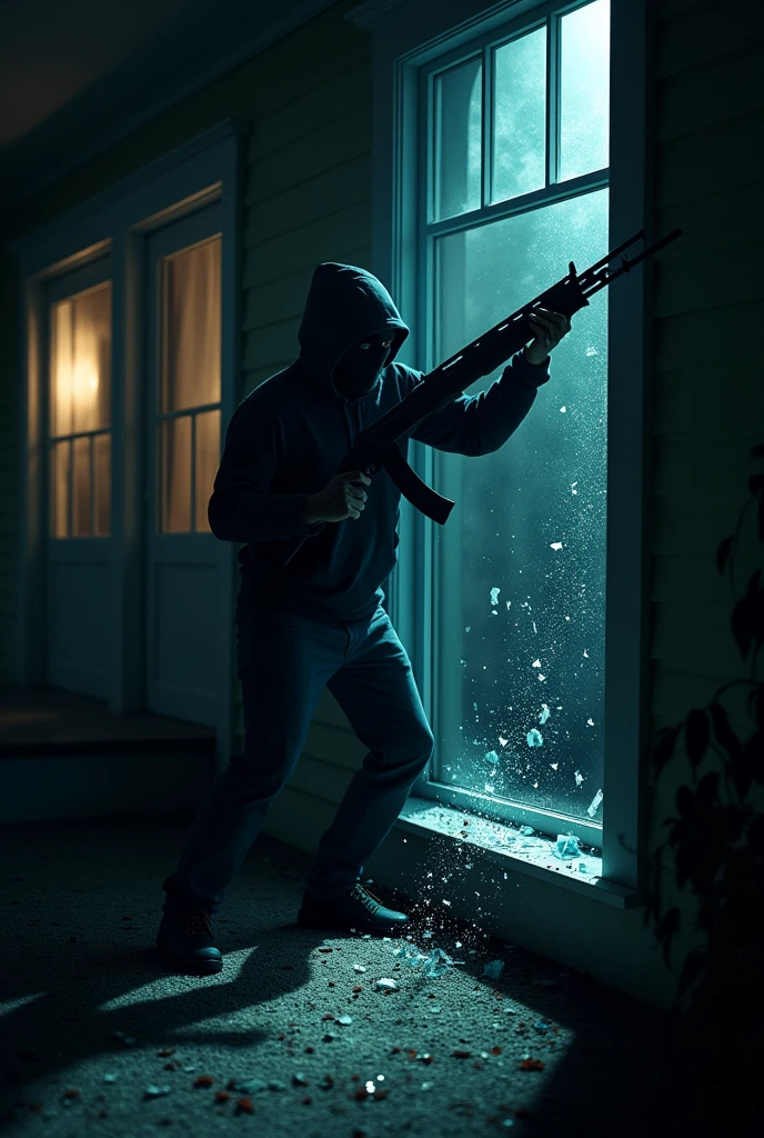 A man with a balaclava & with a shotgun smashes a window of a house as he breaks in.
Should be nighttime