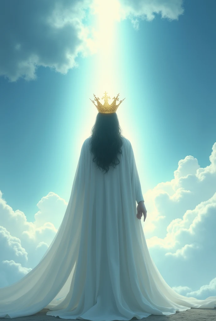 Image of a person arriving at the blue sky with their back to the camera, dressed in white, with a crown on his head