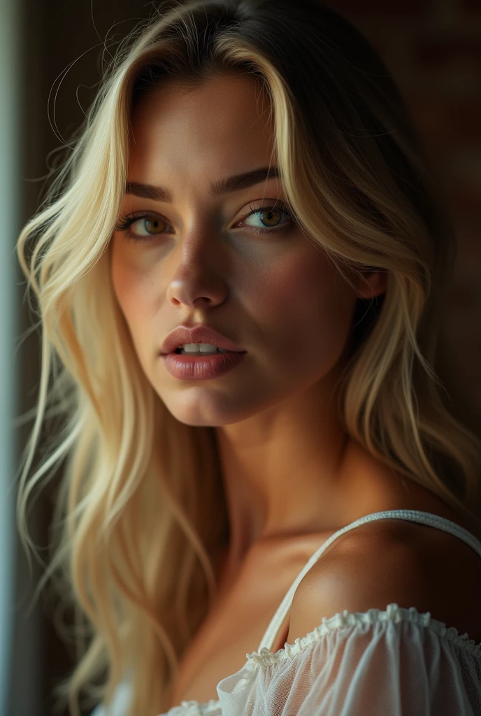 vue très très lointaine, une femme blonde sexy, robe transparente, Visage détaillé, Beaux yeux, lèvres pulpeuses, pose élégante, dans un lit, éclairage naturelle, Éclairage dramatique, très détaillé, Photoréaliste, 8k, hyper réaliste, couleurs dramatiques, éthéré, mystique, atmosphérique, détails complexes, peau brillante, expression captivante