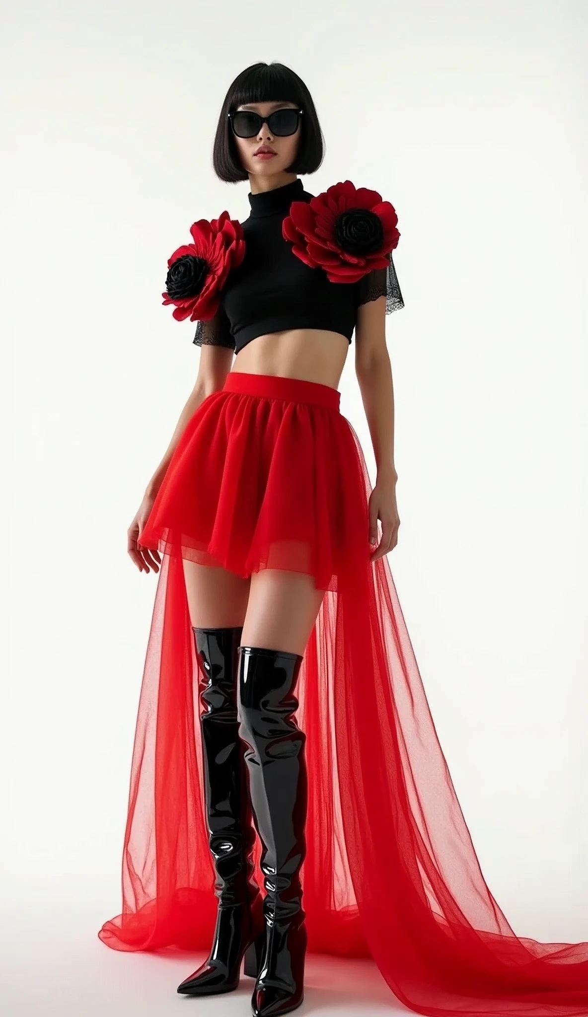 A bold and avant-garde fashion look features a stylish woman standing confidently against a plain white background. She is wearing a striking red tulle skirt that is short in the front with a dramatic, cascading train at the back. Her top is a unique black crop top adorned with oversized floral embellishments that add a sculptural element to her outfit. Completing the look are glossy, over-the-knee black patent leather boots, which add a touch of edginess and contrast to the feminine skirt. She accessorizes with large, dark sunglasses and a sleek, straight bob haircut, giving her a modern and sophisticated edge. The overall aesthetic is chic, high fashion, and daring, perfect for a runway or editorial shoot. ((UHD:1.5)), ((4K:1.5)), ((masterpiece:1.6)), ((high fashion:1.4)), ((avant-garde:1.4)), ((bold colors:1.3)), by Ellen von Unwerth, Mert and Marcus, Steven Klein.