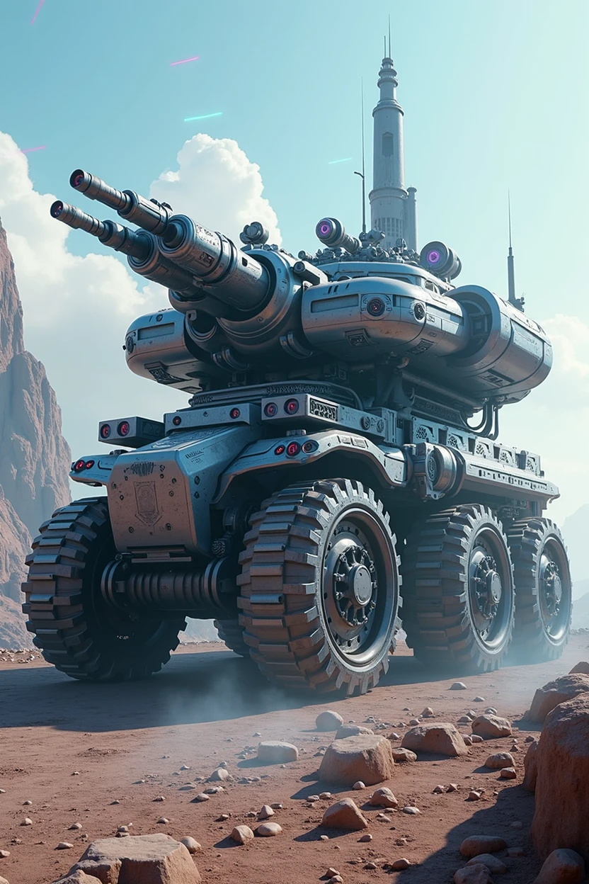 concept of a city on a gigantic armored tank of the future, concept imagined by a high-quality AI, very futuristic and detailed armor, armor formed by multiple guns on turrets and mechanical pincers, tank on tracks and wheels, high-tech covered, lasers, multicoloured neons, sublime electronic colors, sublime conception, hyperrealistic, very detailed, masterpiece, 8k, 16k, futuristic landscape