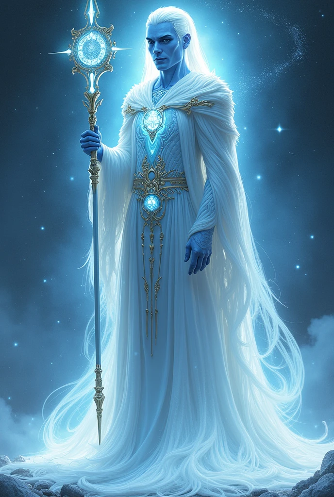 create master hilarion, um ser Arcturianos, alien with healing powers, a celestial, wise and endowed with a highly technological staff from which his power of white light emanates, that cures all ills and drives away all darkness, He is tall, with soft blue skin and big black eyes, wears clothes with advanced technology and white