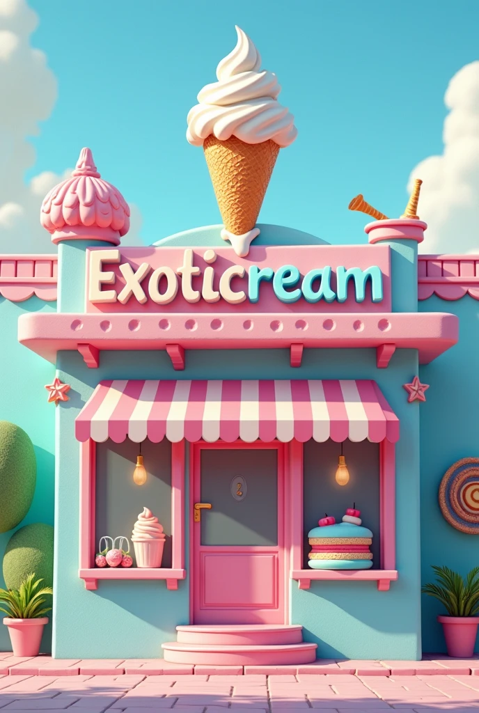 front of an ice cream shop with the name "exoticream", a creative and cozy place with pastel colors, specifically blue and pink with a melted ice cream cone upside down on top of the name
