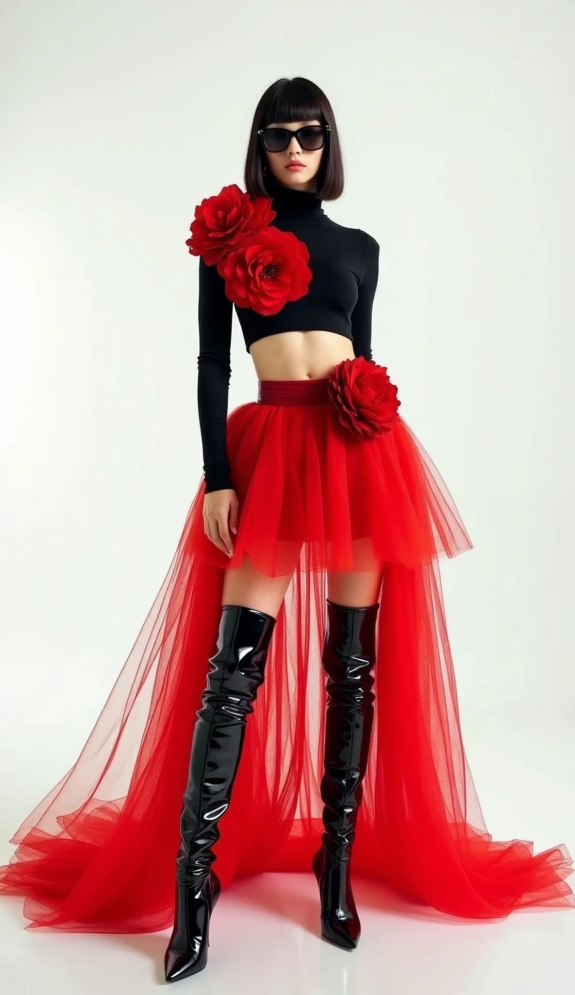 A bold and avant-garde fashion look features a stylish woman standing confidently against a plain white background. She is wearing a striking red tulle skirt that is short in the front with a dramatic, cascading train at the back. Her top is a unique black crop top adorned with oversized floral embellishments that add a sculptural element to her outfit. Completing the look are glossy, over-the-knee black patent leather boots, which add a touch of edginess and contrast to the feminine skirt. She accessorizes with large, dark sunglasses and a sleek, straight bob haircut, giving her a modern and sophisticated edge. The overall aesthetic is chic, high fashion, and daring, perfect for a runway or editorial shoot. ((UHD:1.5)), ((4K:1.5)), ((masterpiece:1.6)), ((high fashion:1.4)), ((avant-garde:1.4)), ((bold colors:1.3)), by Ellen von Unwerth, Mert and Marcus, Steven Klein.
