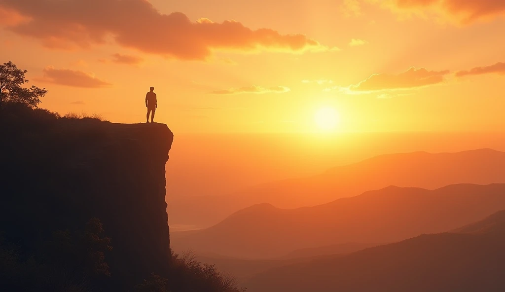 A sunrise scene with a person standing on a cliff, looking out over a vast landscape bathed in the soft, golden light of dawn. The sky is painted with warm hues, symbolizing a new beginning. -ar 16:9