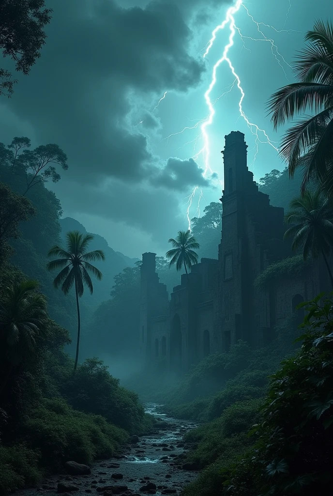 6. Une tempête surnaturelle qui se lève soudainement dans la jungle, avec des éclairs illuminant les ruines de la cité perdue.