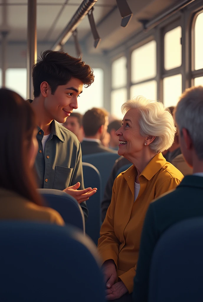 A young man giving up his seat to an elderly woman on public transport