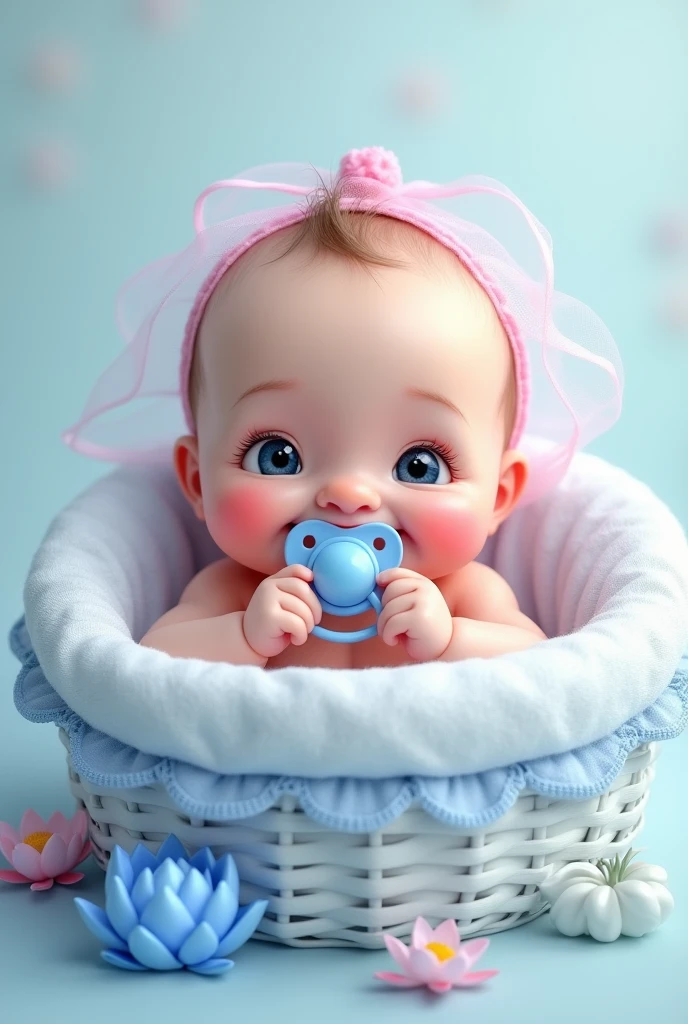 on a light background, Funny Newborn Baby , rosy-cheeked, Very fat, The eyes are blue, smiles and looks at the viewer, holds a pacifier, in a white basket, snow-white on the sides , transparent blue lace, frill, next to a blue flower of a white lotus, covered with a transparent veil, a transparent pink on the side of the head , 8 K (masterpiece), ((top quality)), (super detailed), arms and legs folded funny, makes you smile , holds a blue pacifier,