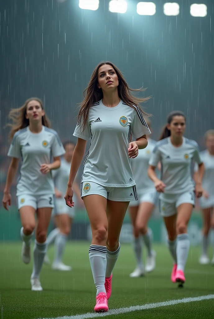 Beautiful women soccer in adidas uniform shorts white adidas, white socks with shinguards, pink soccer shoes adidas, ultra realistic in 8k, rainy, big boobs, underwear visible, log hair brunette