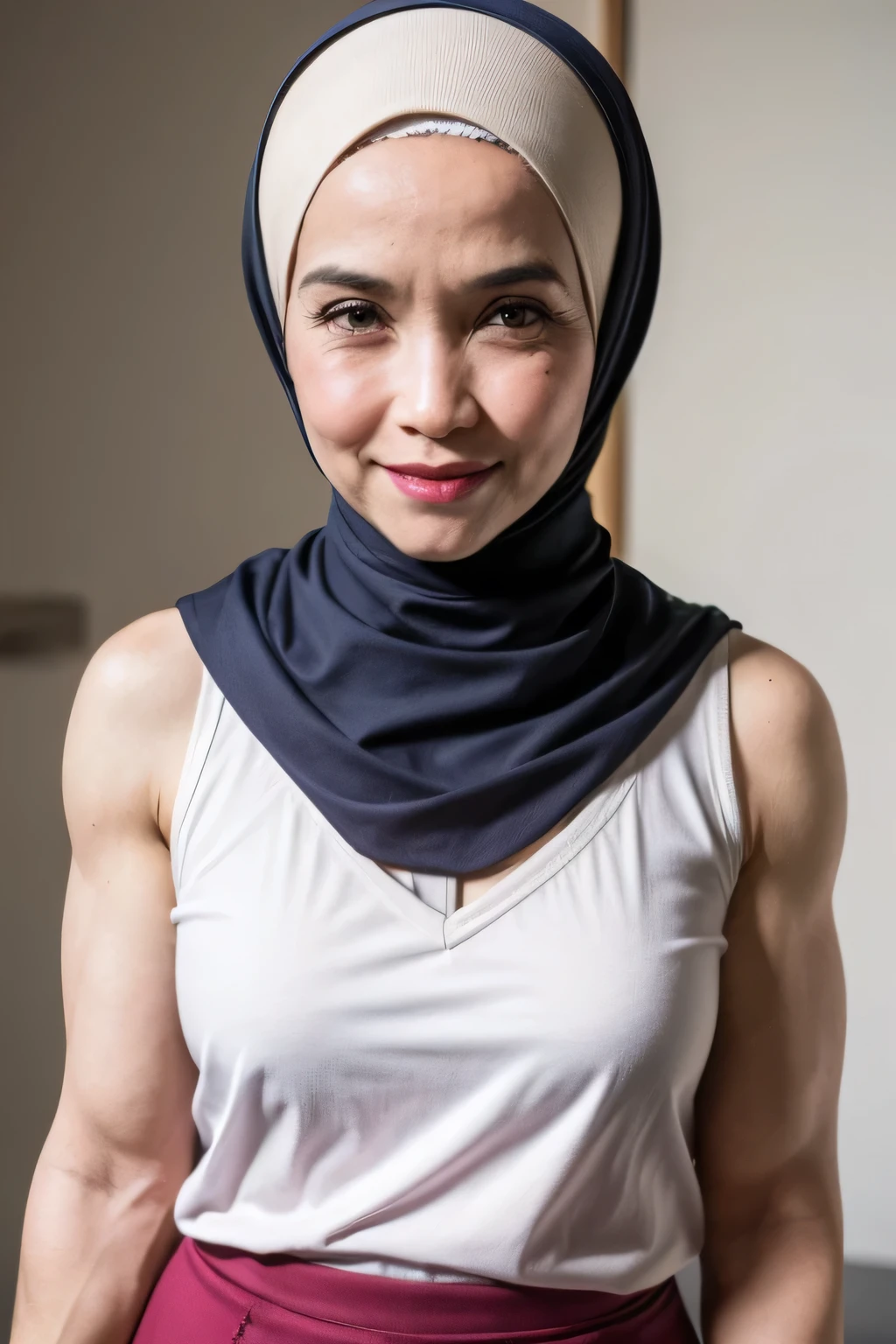 ((Roll eyes)), panties / presenting panties, (Chubby Pussy), SCARFS, ((Pencil Singlet)), ((Pencil Skirt)), (Arm Muscles:1.7), ((Neck Lace)), ((6x-UltraSharp)), Milf Bitch, Straddling, ((Naked red)), ((Old Lady :1.6)), Very cute like a Matured Lady, ((Stylo Stylish Hijab)), adorable, 2 girl, 55 years old, baby face, shy, half body portrait, ((CHEERFUL FACE EXPRESSION:1.4)), (face details: 1), (eye details: 1), Cute posed. proportional body. Ultra High Res. (realistic: 2), UHD, Tiny breasts