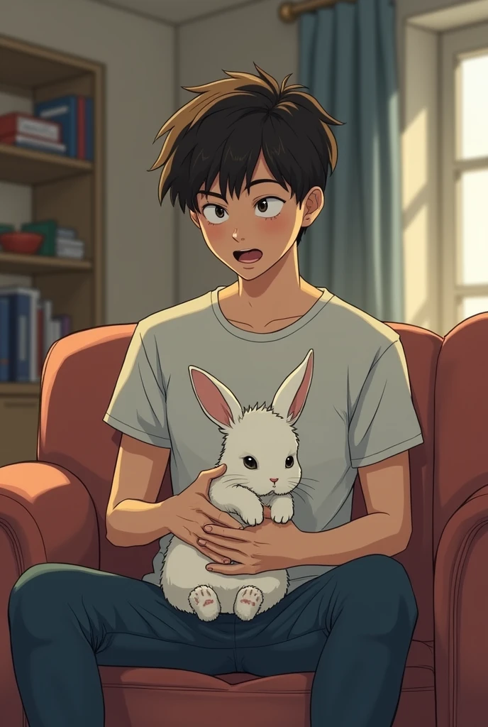 an easy drawing to replicate of a young man who is in the apartment (that the apartment can be seen) sitting on the sofa with a small white rabbit in his lap and an expression of surprise, The bunnies should be cute but disturbing in their context