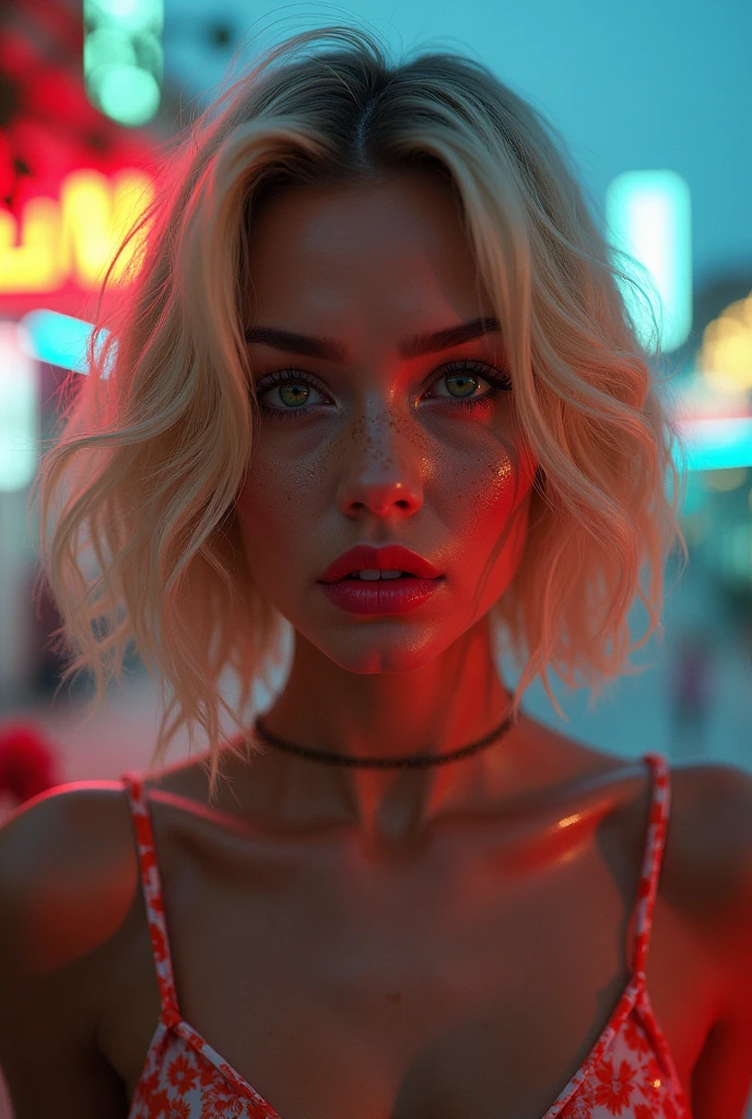 santorini, greece, cyberpunk style, , neon lights, cinematic lighting. Russian women big pumped lips red lipstick super big fake lips bob cut hairstyle blonde hair big green eyes forehead is slightly arched, giving my face a distinctive shape. It flows seamlessly into my high, defined eyebrows. The bridge of my nose is straight and symmetrical, leading up to a pointed tip. My nostrils are small and delicate, adding character without being overwhelming. My cheekbones are prominent, highlighting my large, round eyes even further. My jawline is strong and defined, giving my face a masculine edge despite its feminine features. My neck is long and graceful, flowing effortlessly into my shoulders. flower garden , big fake lips big size lip big pumped lips red lipstick cleavage sweat in forhead
