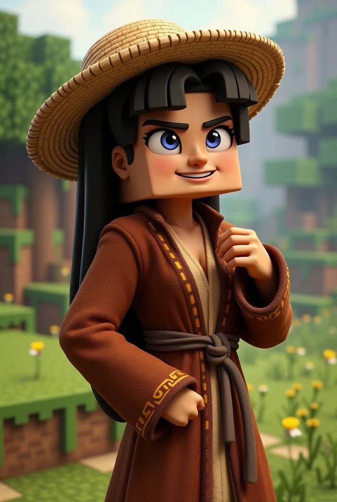 minecraft villager with straw hat and brown robe, lying in a sexy position, acting like a hunk and winking