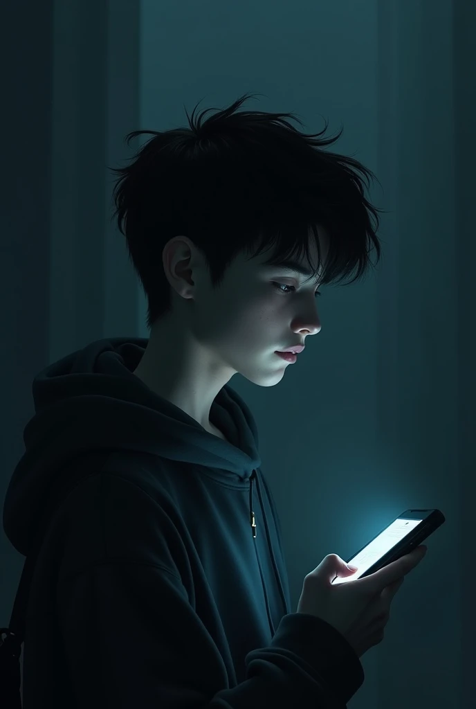 Young mature teenager in situation of rejection by cell phone dark background