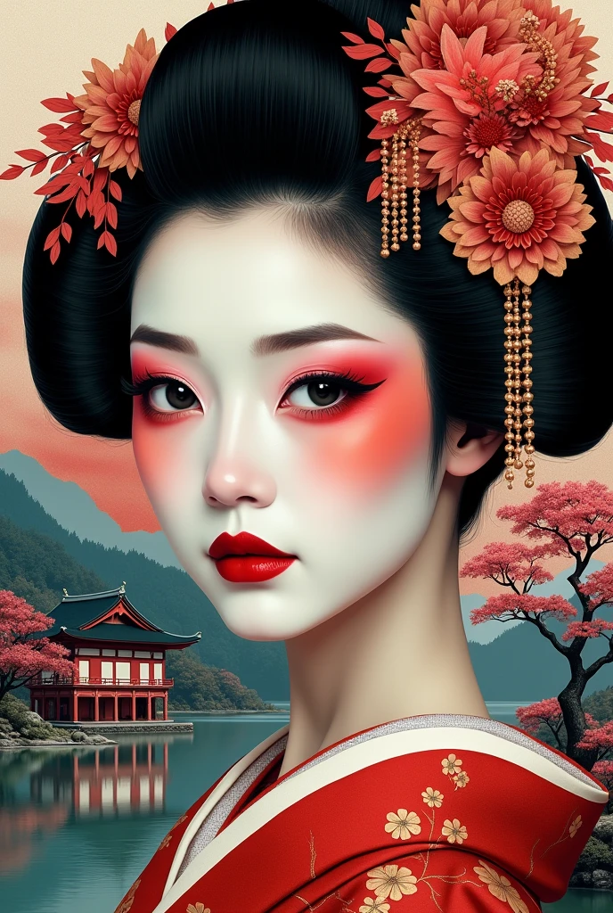 Drawing of a geisha's face with high contrast and a backdrop of an oriental house with a lake landscape